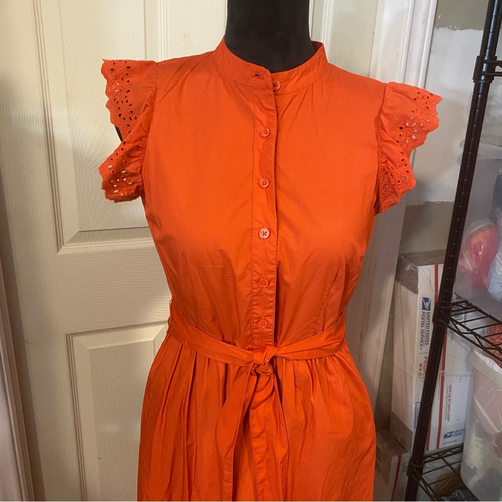 Tiered Midi Dress Eyelet Short sleeve Pleated Button Up belted Cotton Peasant - Picture 4 of 14